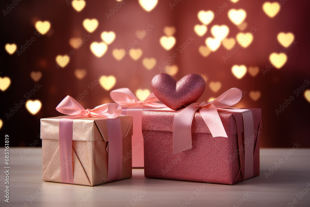 A set of gift boxes decorated for Valentine's Day in a room on a table against a background of lights A set of gift boxes decorated for Valentine's Day in a room on a table against a background of lights