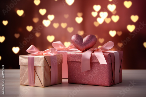 A set of gift boxes decorated for Valentine's Day in a room on a table against a background of lights