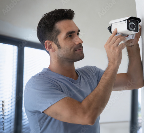 Man setting up security cameras