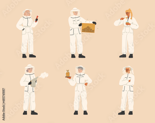 Isolated set of hiver characters wearing bee protection suit