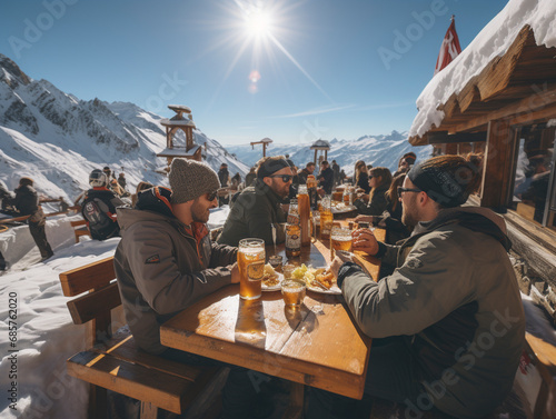 Skiers sit on the terrace of a mountain hut in the snow after a ski tour, Ai generated © David Brown