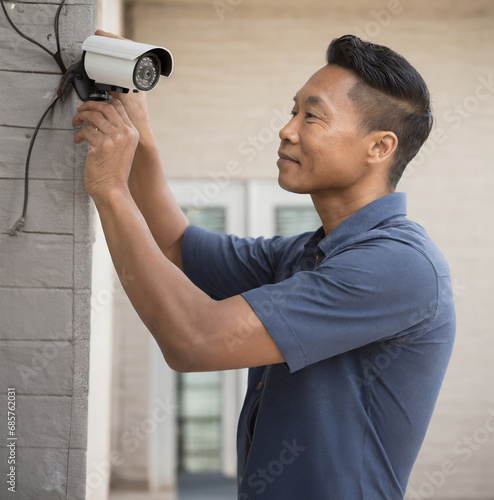 Man setting up security cameras