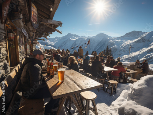 Skiers sit on the terrace of a mountain hut in the snow after a ski tour, Ai generated