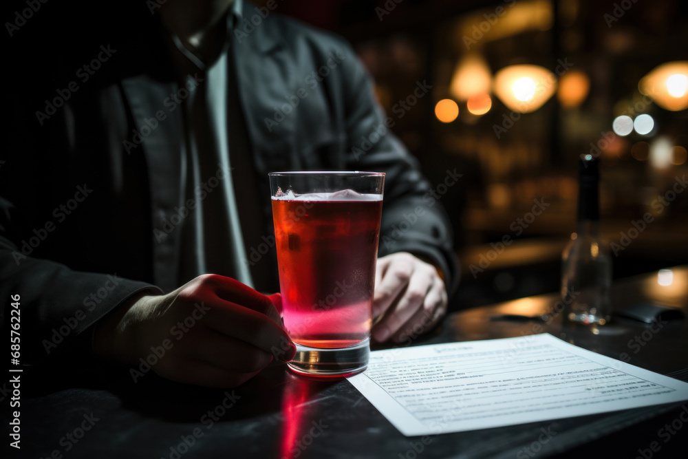 A person holding a drink, medical report in the background, focus on the dilemma