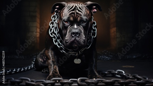 American Pit Bully dog with fierce and muscular muscles in a room with chains. The background of the photograph is a oppressive and confined environment. There is some smoke in the background.