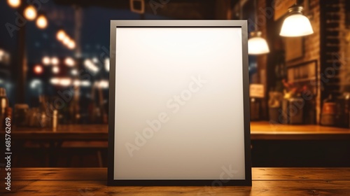 Generative AI  poster mock up for logo design  brand presentation  aesthetic muted neutral colors  on blurred night bar or restaurant background