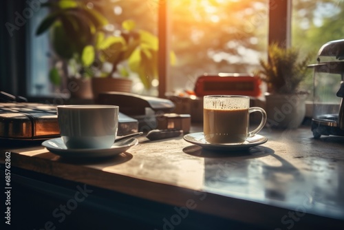 Morning coffee setup with sunlight in cozy kitchen. Breakfast and relaxation. © Postproduction