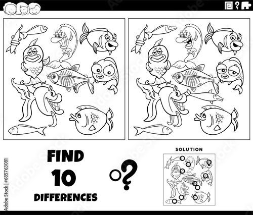 differences game with cartoon fish characters coloring page