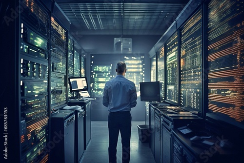 Back view of an experienced, focused system administrator or consultant checking and storing backup data within a dark, indoor workstation in the evening. Concept of Network Technologies