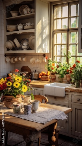 Cozy farmhouse style kitchen interior, room filled with all sorts of appliances and details rustic kitchen