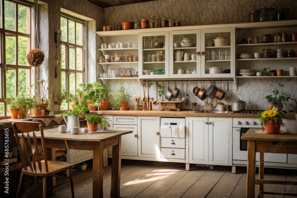 Cozy farmhouse style kitchen interior, room filled with all sorts of appliances and details rustic kitchen