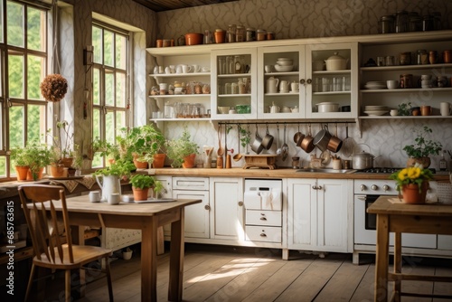 Cozy farmhouse style kitchen interior  room filled with all sorts of appliances and details rustic kitchen