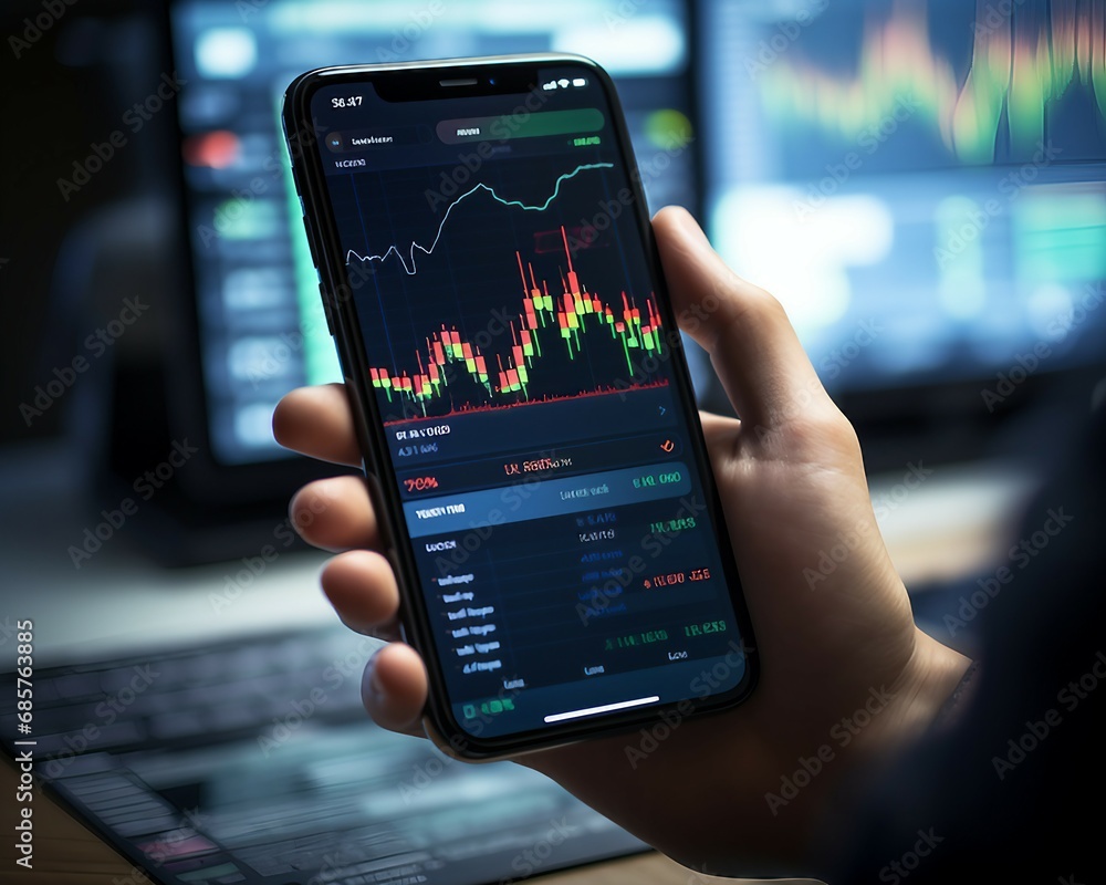 Close up of hand holding smartphone with stock chart trading interface on blur background, Stock Market Exchange Trading Forex Investment Concept. Graphic interface showing stock market financial anal Close up of hand holding smartphone with stock chart trading interface on blur background, Stock Market Exchange Trading Forex Investment Concept. Graphic interface showing stock market financial anal