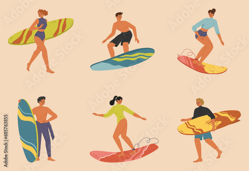 Man and woman in swimwear surfer isolated set
