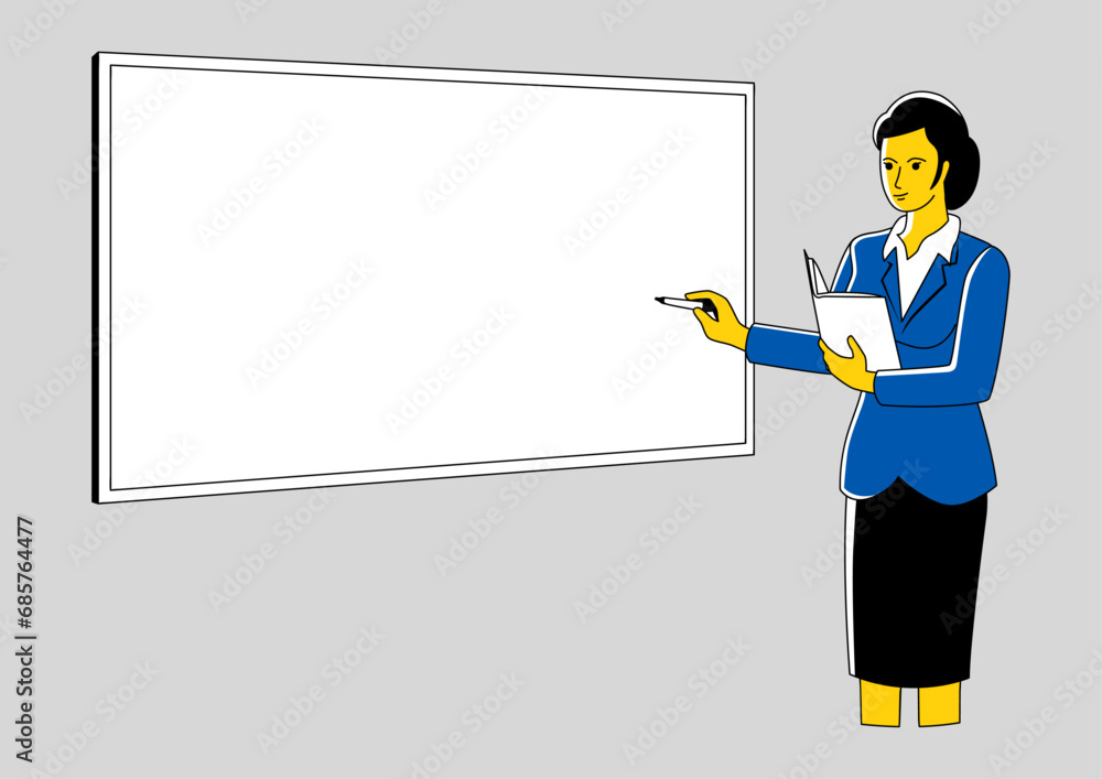 Line art illustration of a female teacher teaching in front of the class room, vector illustration Line art illustration of a female teacher teaching in front of the class room, vector illustration