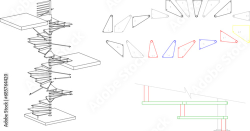 Vector sketch illustration of the construction design of a rotating iron staircase