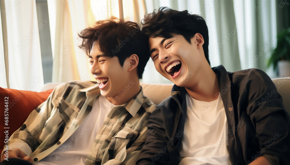 Two happy young Asian young friends having fun ands laughing together. Gen Z, millennial stylish boys