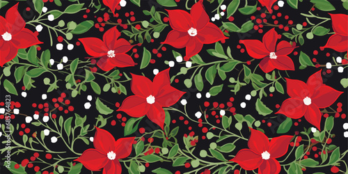 Seamless pattern with hand drawn poinsettia flowers and floral branches and berries, christmas florals.