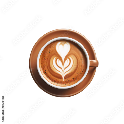 Close up white coffee cup with heart shape latte isolated on transparent background