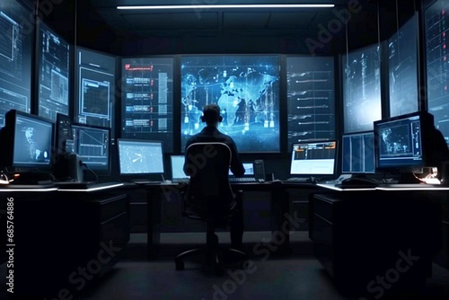 Concentrated Consultant or System Administrator Views the Screen and Stores Backup Data in the Indoor Dark Room Workstation. Concept of Network Technologies 3d