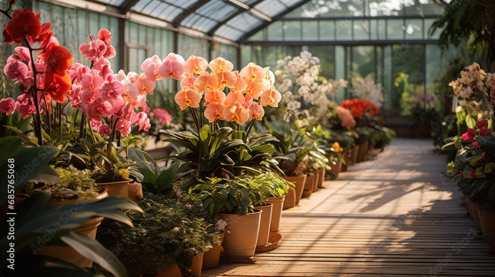 Obraz premium Glass greenhouse with orchids, on a sunny day.