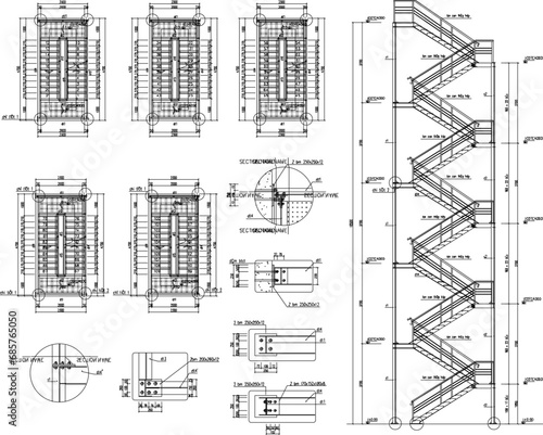 Vector sketch illustration of the architectural design of the floor plan and stair section of a simple multi-storey building