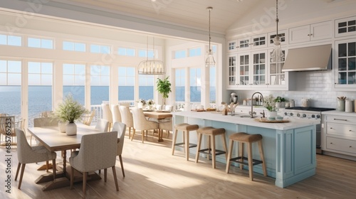 a coastal-inspired kitchen with light colors nautical decor and large windows to capture the essence of seaside living