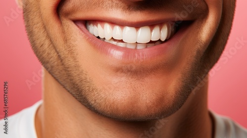 Beautiful man's smile with healthy white, straight teeth close-up on one tone background with space for text