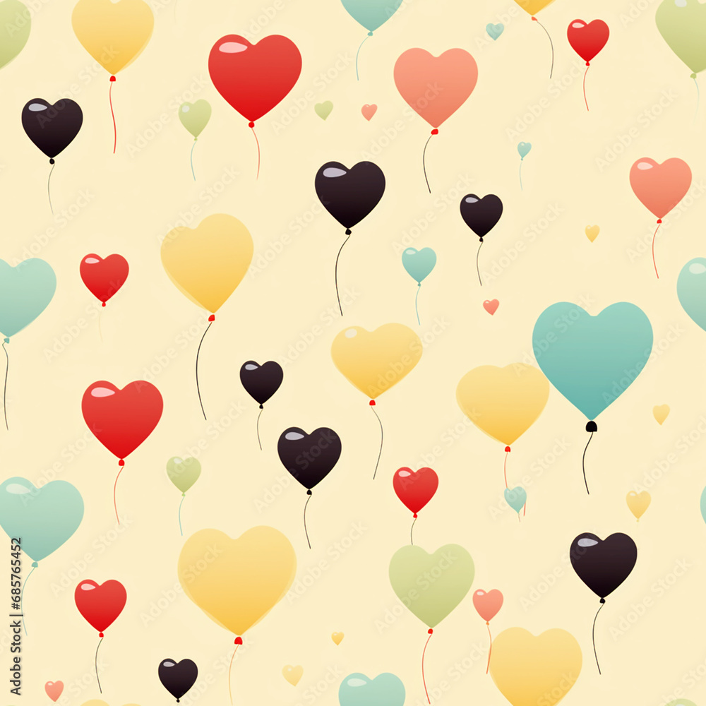 Pattern of heart balloons, seamless, multicolor, pale yellow background, wrapper decor