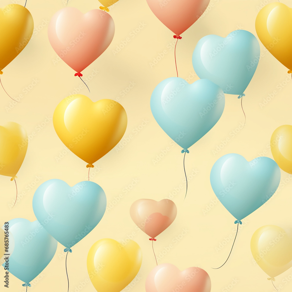Pattern of heart balloons, seamless, multicolor, pale yellow background, wrapper decor