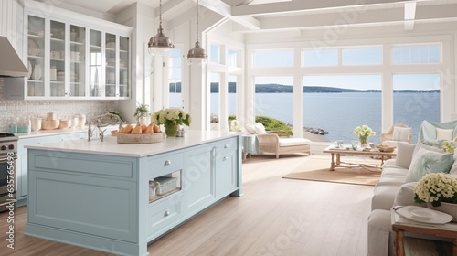 a coastal-inspired kitchen with light colors nautical decor and expansive windows capturing the essence of seaside living