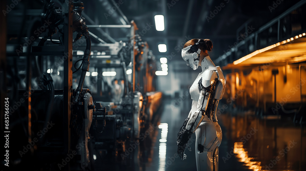 A futuristic half-human cyborg working in a dark factory. A futuristic half-human cyborg working in a dark factory.