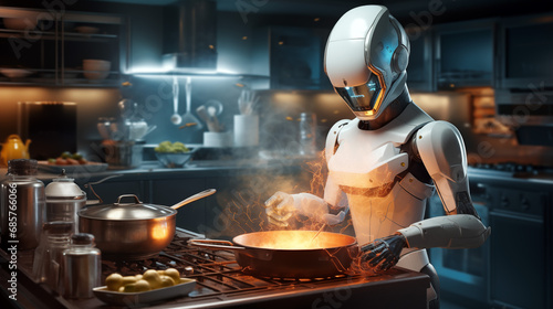 A cybernetic chef cooking in a modern kitchen.