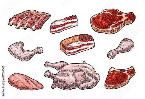 Set meat products. Brisket, steak, chicken leg, ribs wing, and breast halves. Vintage color vector engraving illustration. Isolated on white background.