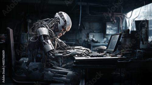 A futuristic half-human cyborg working in a dark factory.