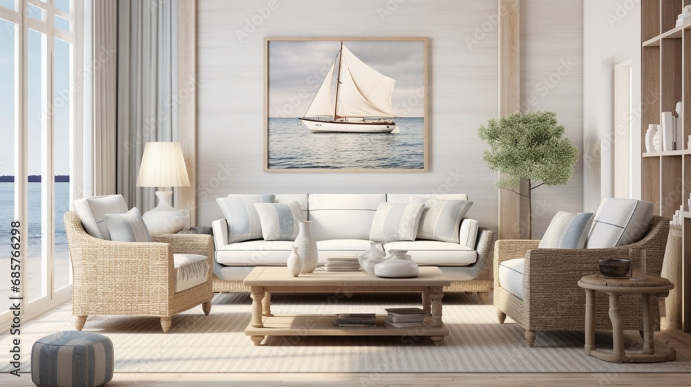 Obraz premium a coastal-inspired sitting area with light hues natural materials and nautical decor capturing the essence of seaside living