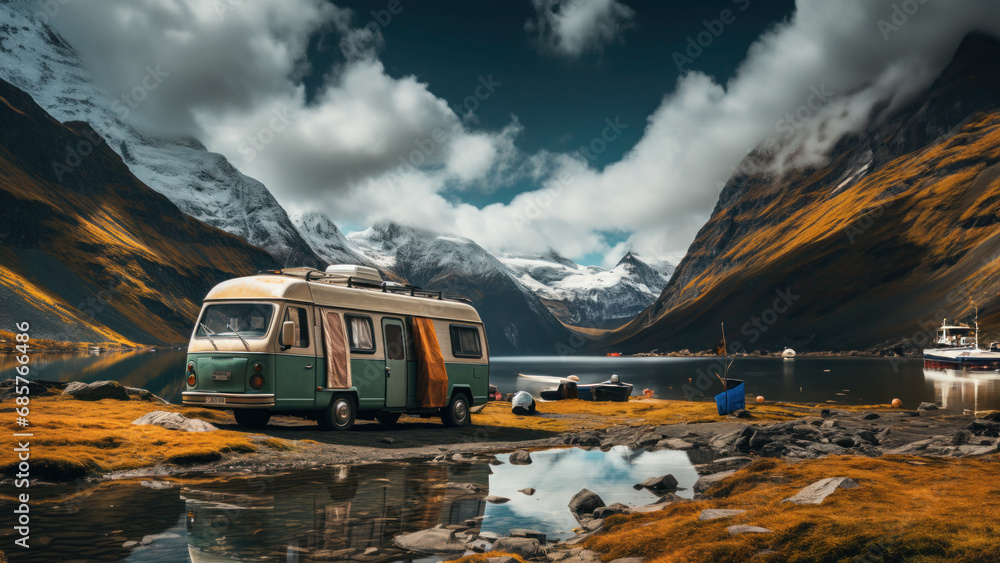 Landscape of the mountains with a camper Landscape of the mountains with a camper