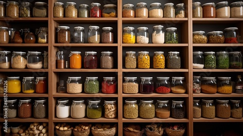 A fully stocked pantry with neatly arranged shelves showcasing a variety of colorful spices, grains, and canned goods.