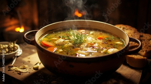A bowl of homemade soup simmering on a stove, filling the kitchen with warmth and savory scents.