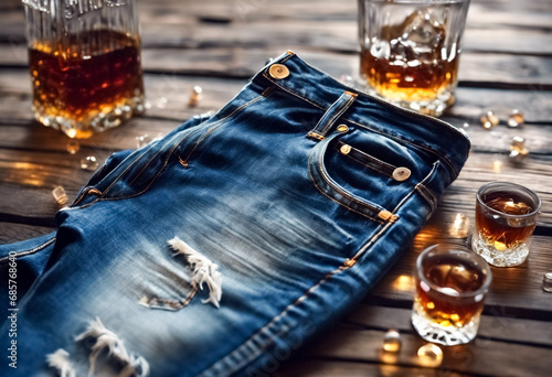 Dettagli Distillati- Pantaloni Jeans, Misura e Whiskey su Tavolo di Legno photo