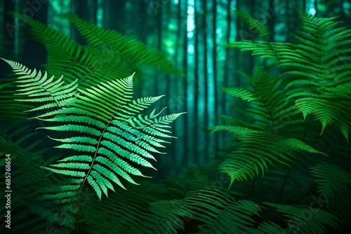 A wall-mounted fern piece with holographic accents and bioluminescent fern leaves. Against a forest backdrop.