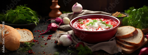 Traditional ukrainian cuisine. Bowl with tasty red borscht soup. photo