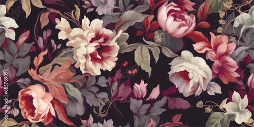 Vintage floral seamless pattern. Vector illustration of flowers, plants and leaves on black background for pattern or poster.