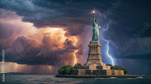 Estatua de la Libertad frente a una tormenta con rayos, New York, EE.UU.  photo