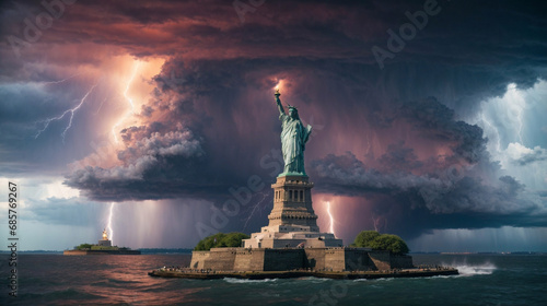 Estatua de la Libertad frente a una tormenta con rayos, New York, EE.UU. 