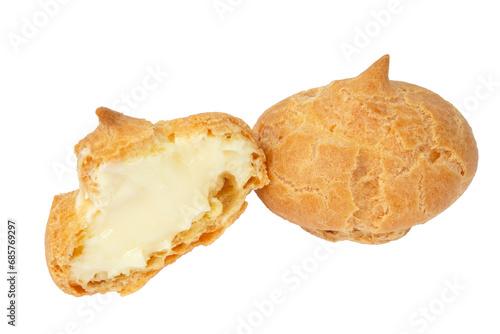 Homemade profiteroles with cream on a white background