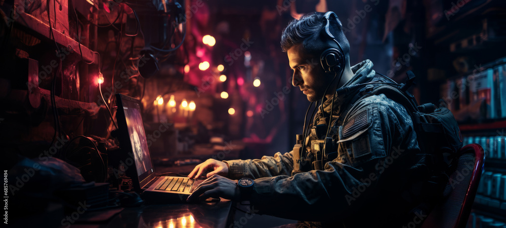 Portrait of soldier wearing a military uniform, operating at his computer and talking through his headphones. Soldier operating laptop. Сyberpunk style. Portrait of soldier wearing a military uniform, operating at his computer and talking through his headphones. Soldier operating laptop. Сyberpunk style.
