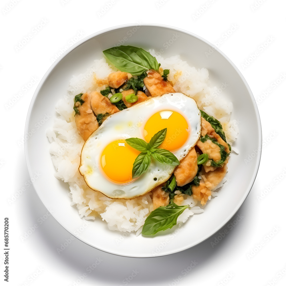 Chicken with basil and fried egg, white background, generative AI Chicken with basil and fried egg, white background, generative AI
