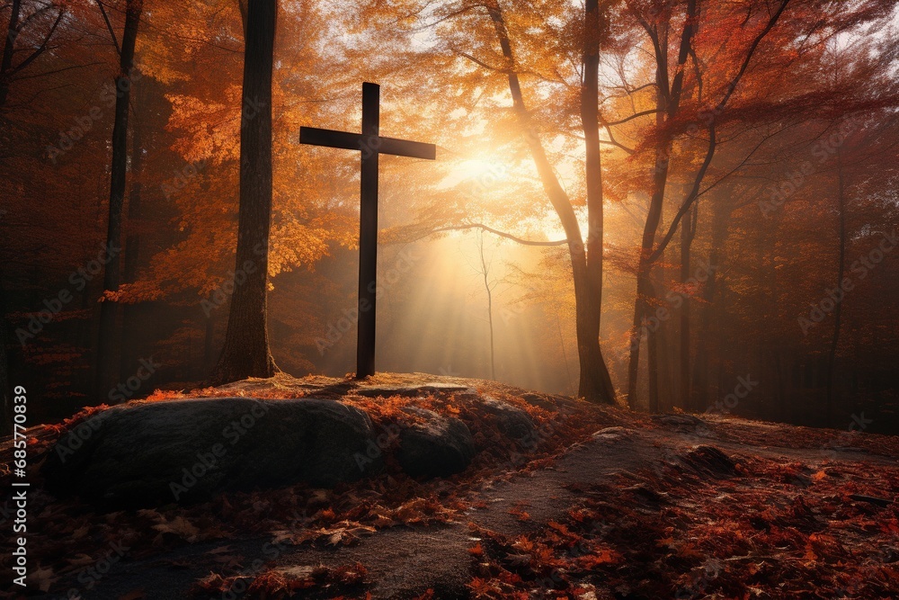 Cross in the forest with sun rays coming through the trees