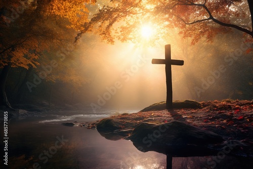 Cross in the forest with sun rays coming through the trees